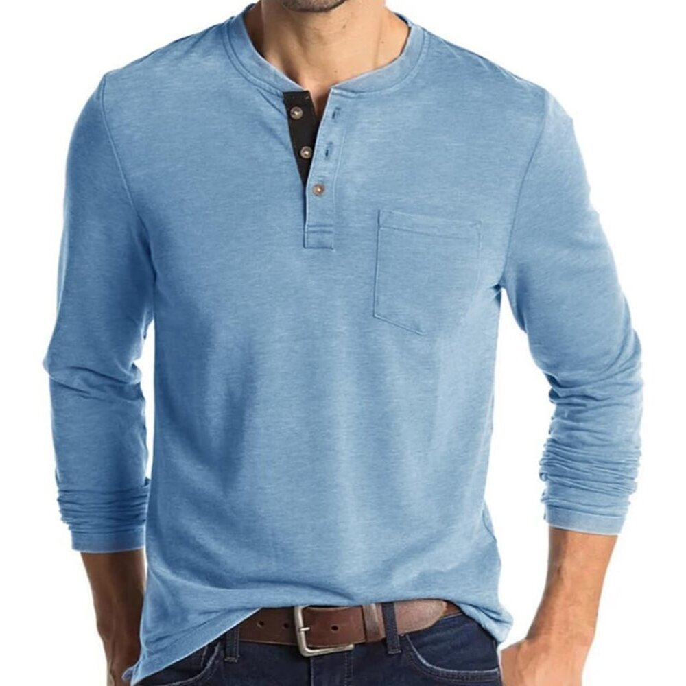 Men's Light Blue Casual Long Sleeve Fashion Button Henley T Shirts